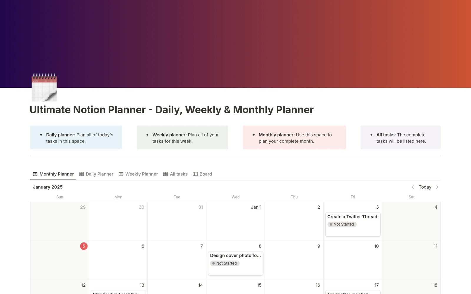 Daily, Weekly & Monthly Planner Notion template preview