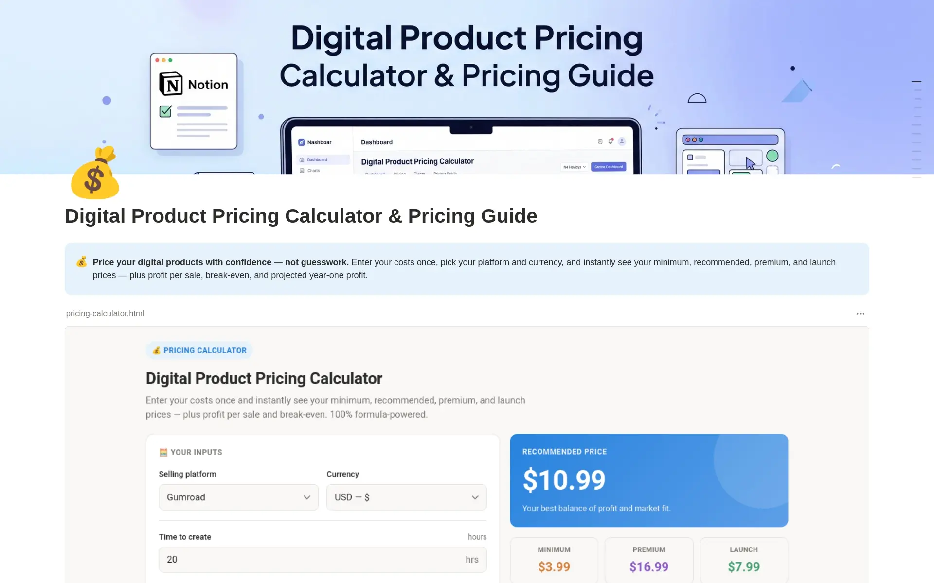 Digital Product Pricing Calculator Notion template preview