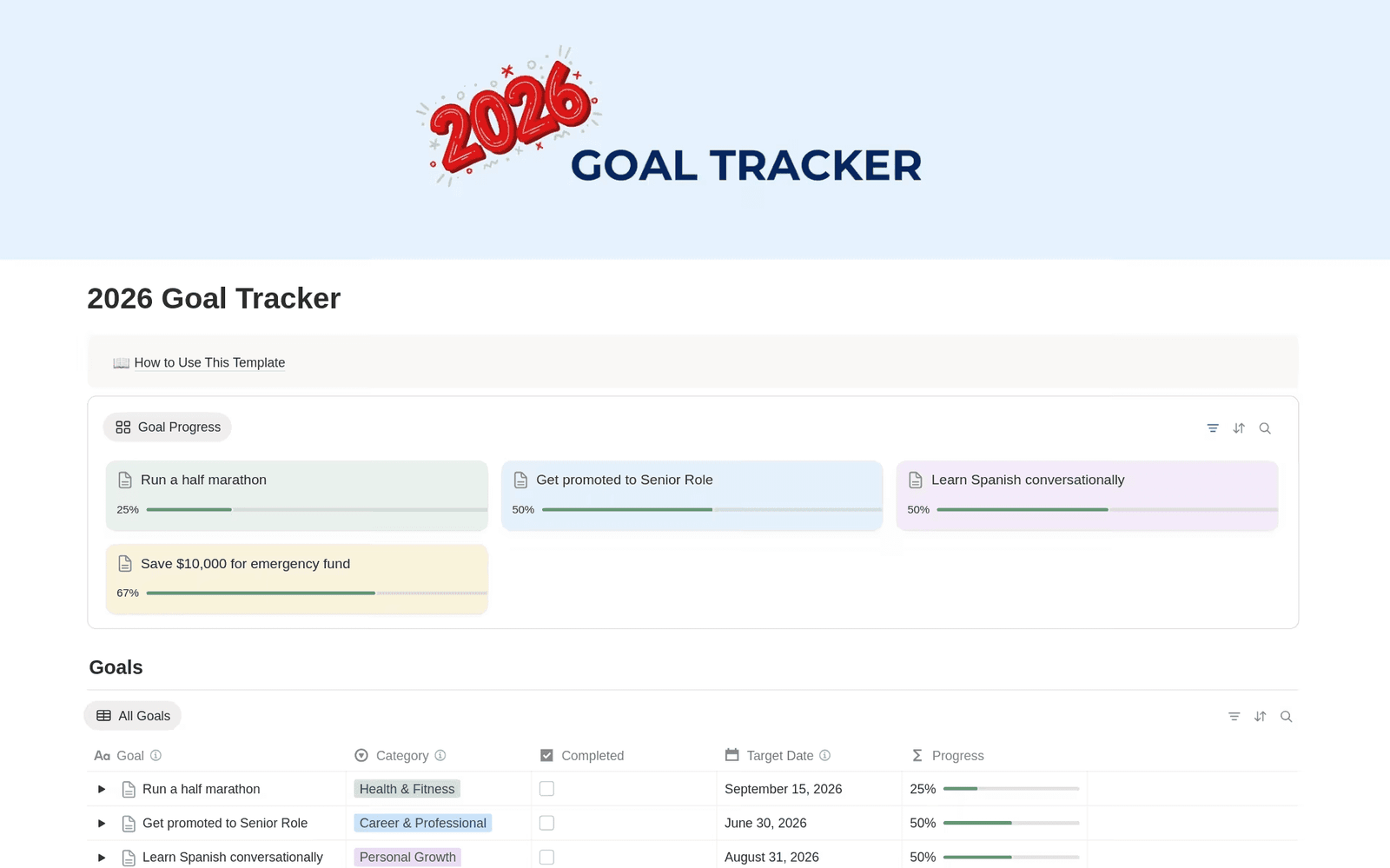 2026 Goal Tracker Notion template preview
