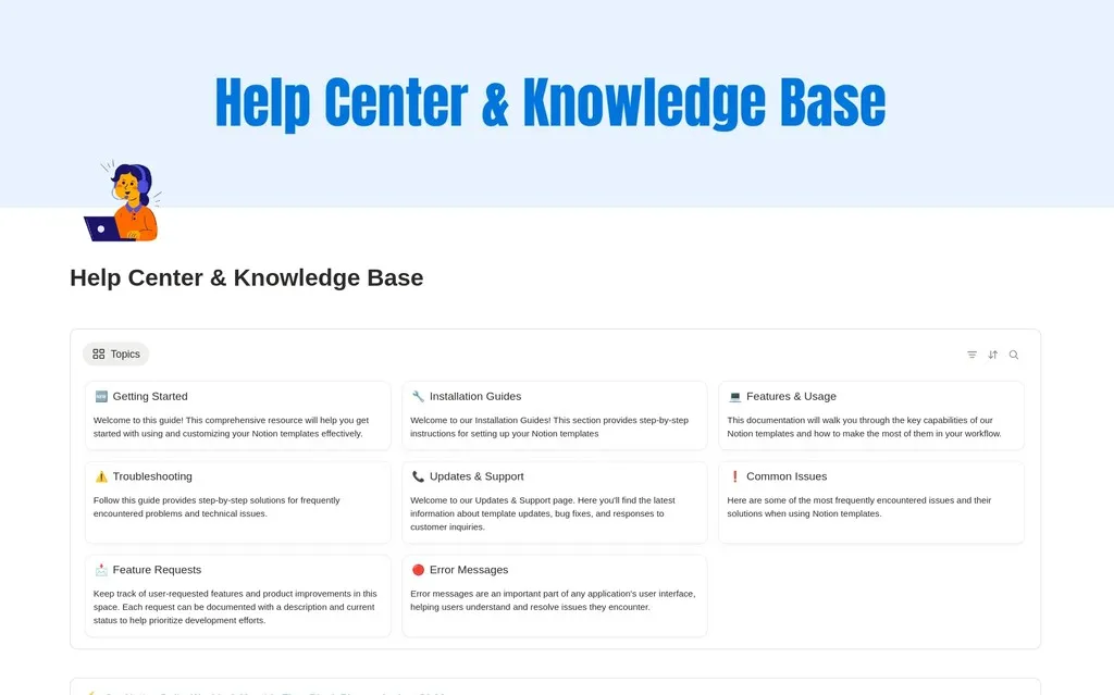 Knowledge Base & Help Center Notion template preview
