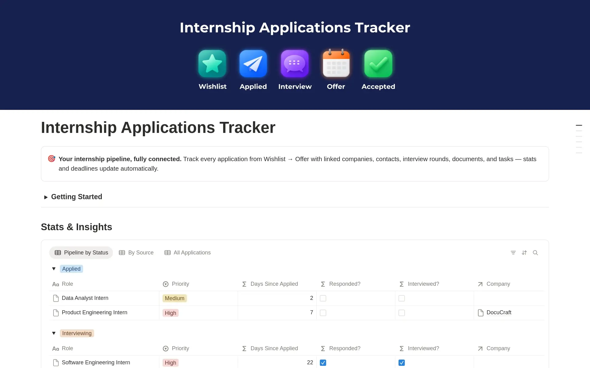 Internship Applications Tracker Notion template preview