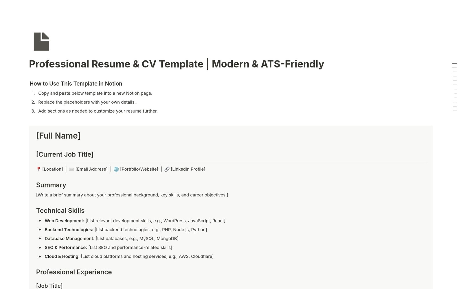 Professional Resume & CV Notion template preview